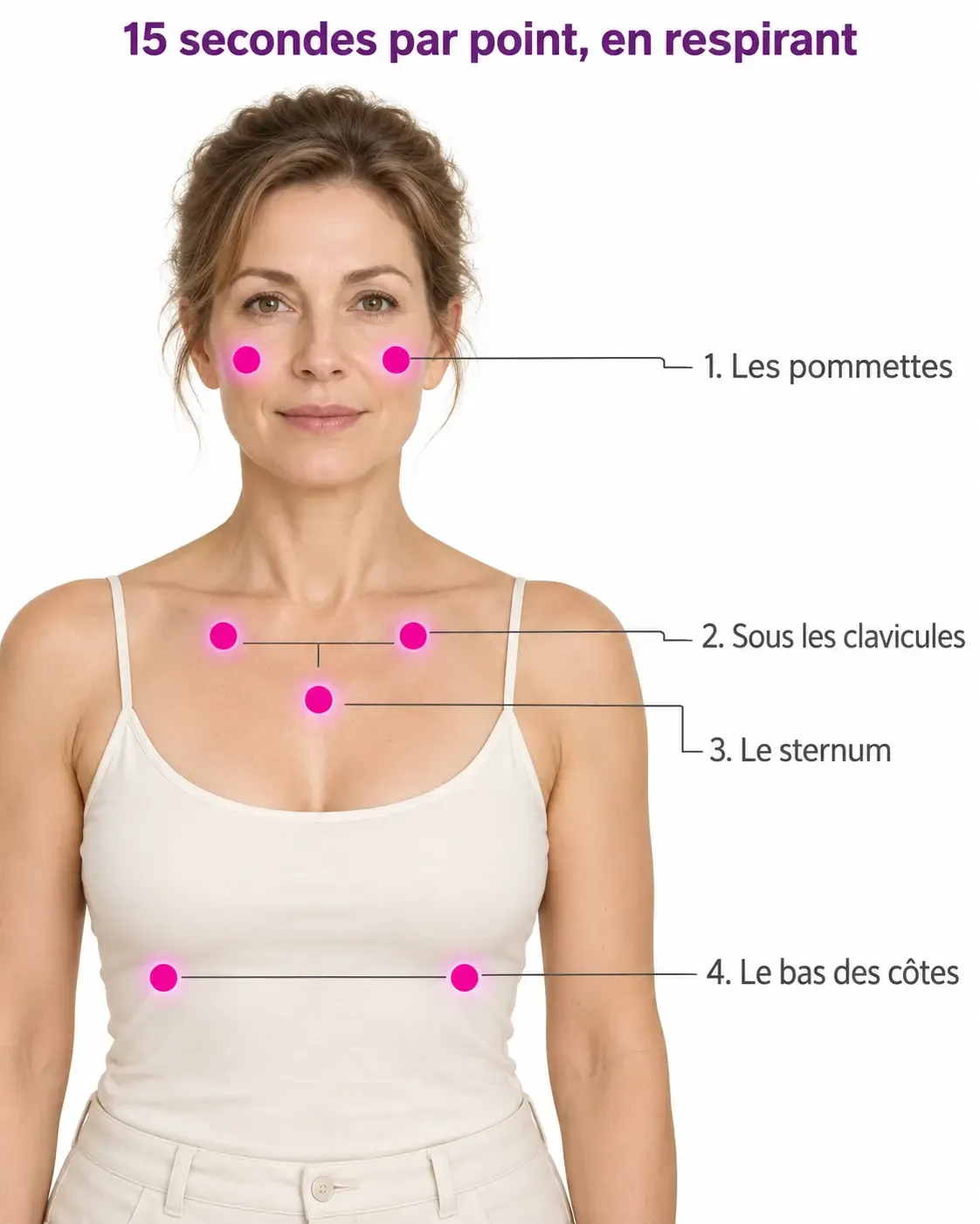 Planche indiquant les quatre points à tapoter pour réveiller les sensations : pommettes, sous les clavicules, sternum et bas des côtes
