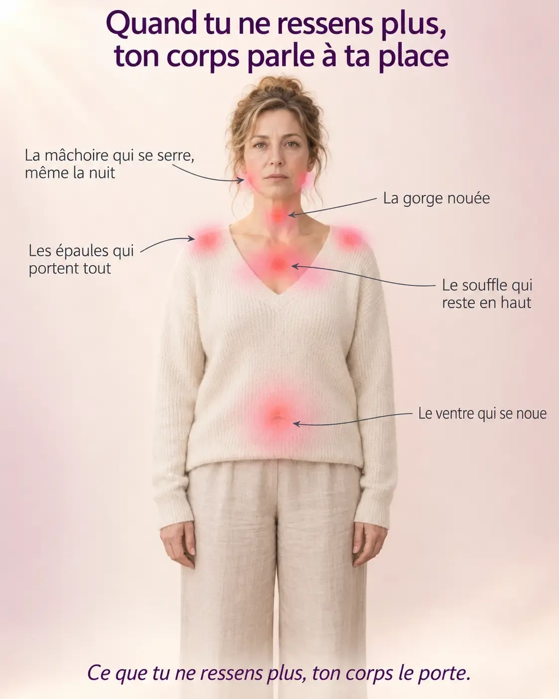 Femme vue de face, halos lumineux sur la mâchoire, la gorge, les épaules, le haut de la poitrine et le ventre, là où le corps porte les émotions