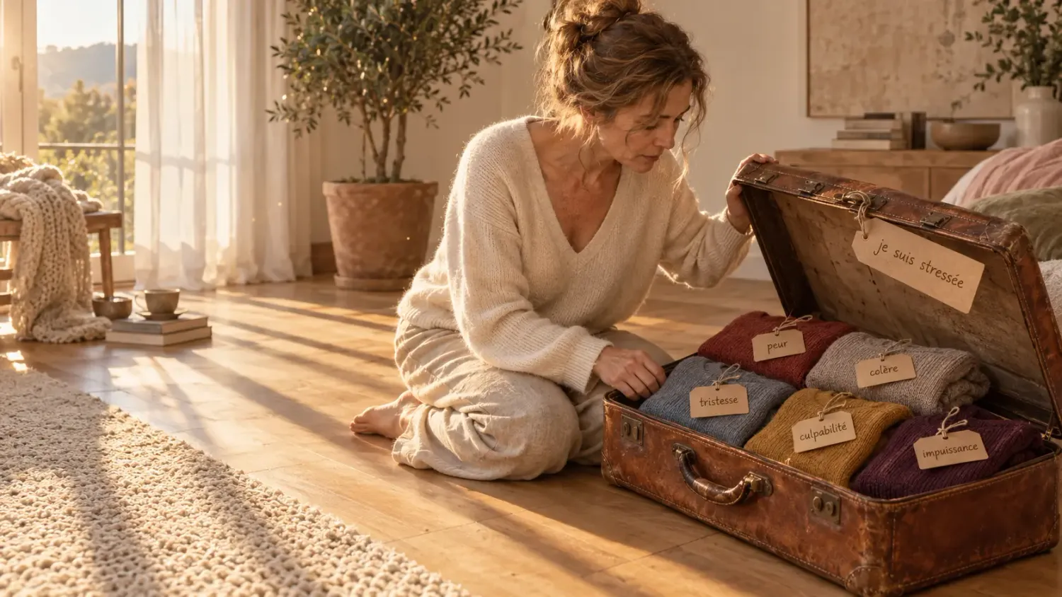 Une valise ancienne ouverte sur un parquet doré, étiquettes kraft : je suis stressée, peur, colère, tristesse, culpabilité, impuissance