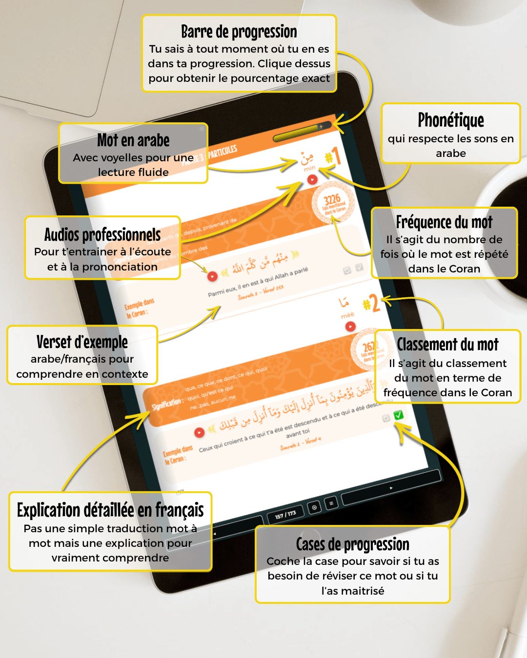 Présentation détaillée d'une page de l'ebook interactif Arabacademie