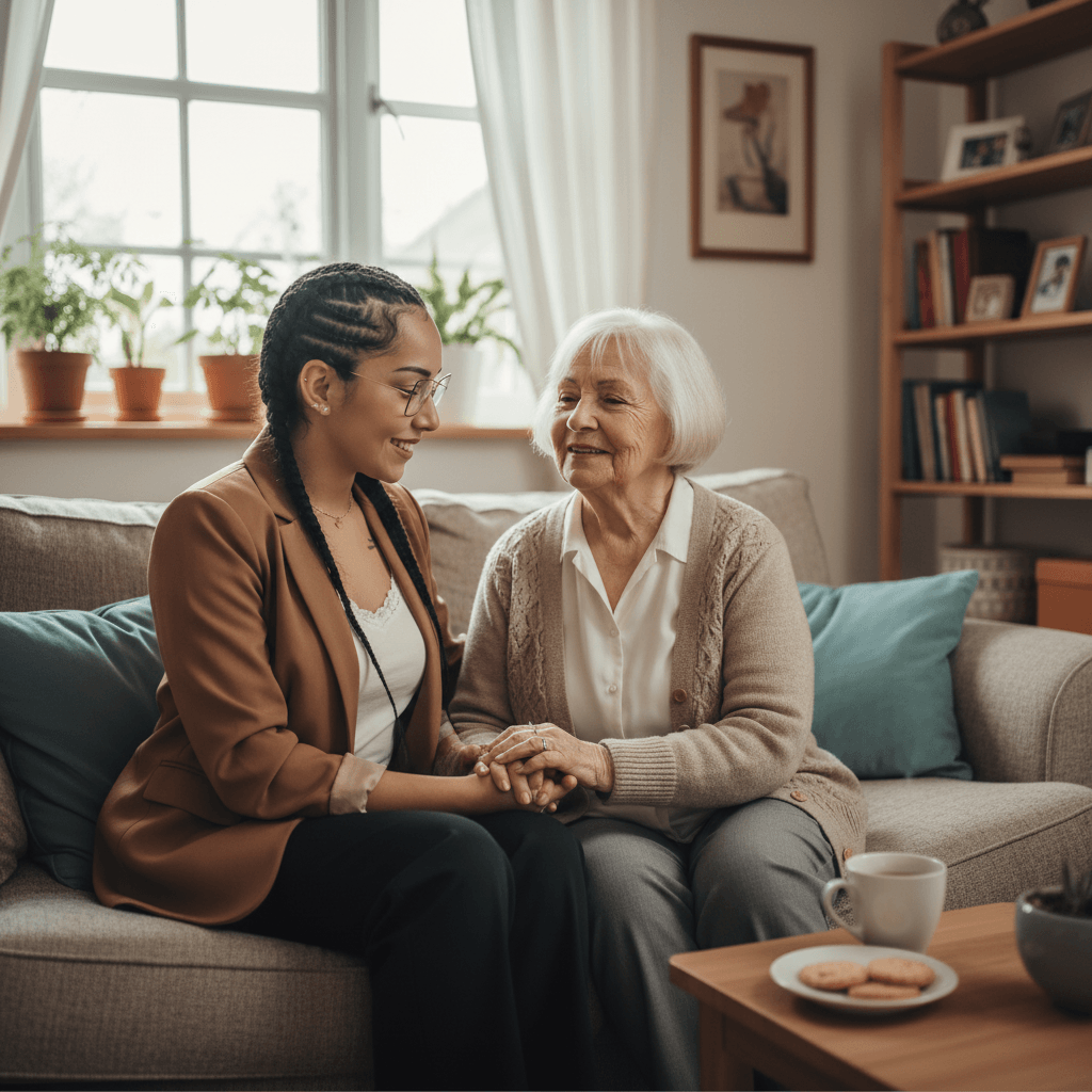 Soignante avec patiente à domicile