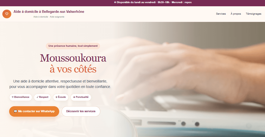 Capture réelle du site professionnel de Moussoukoura, auxiliaire de vie à Bellegarde-sur-Valserine
