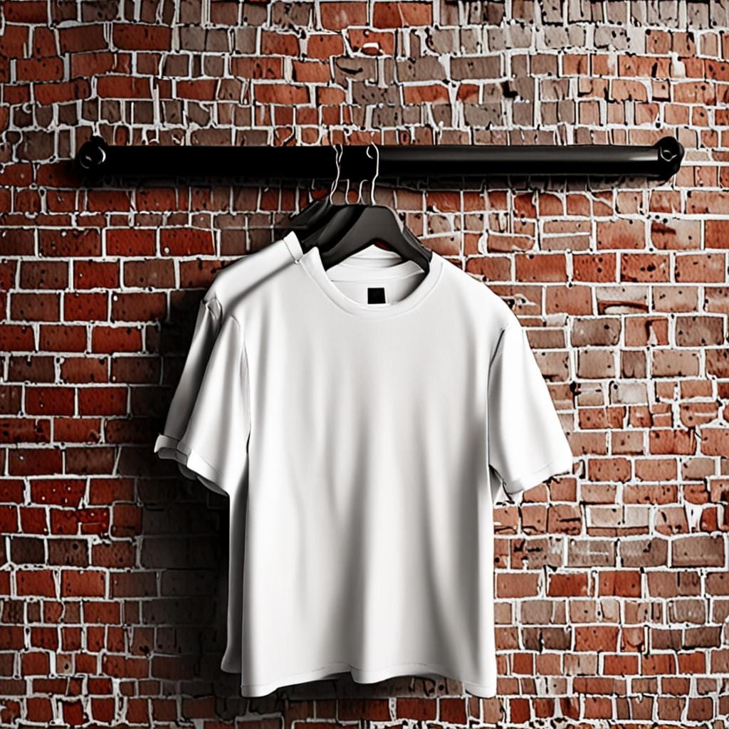 black and white t-shirts on wooden hangers brick wall