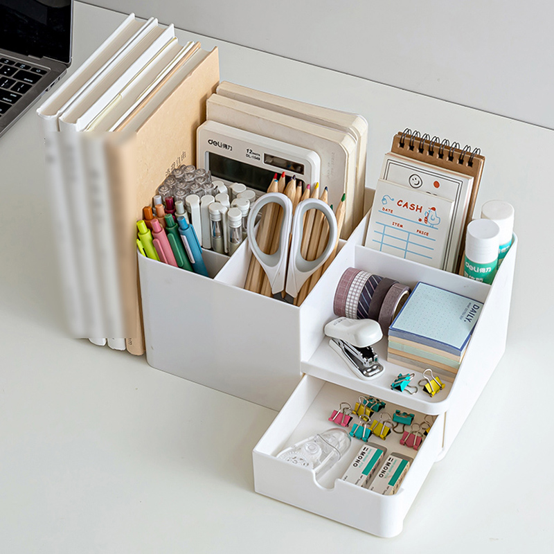 Desk organizer white pens pencils paper clips stapler notepad scissors