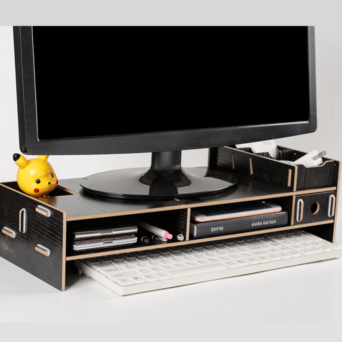monitor stand desktop keyboard black
