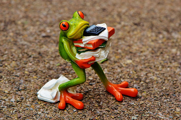 Royalty-Free photo: Green frog carrying paper documents figurine on ground 