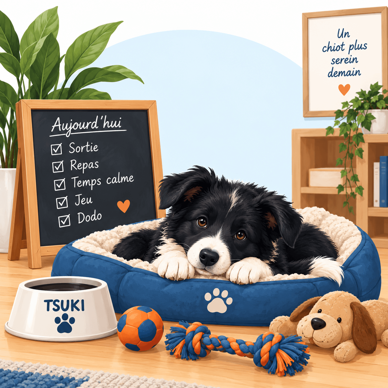 chiot border collie serein avec sa routine