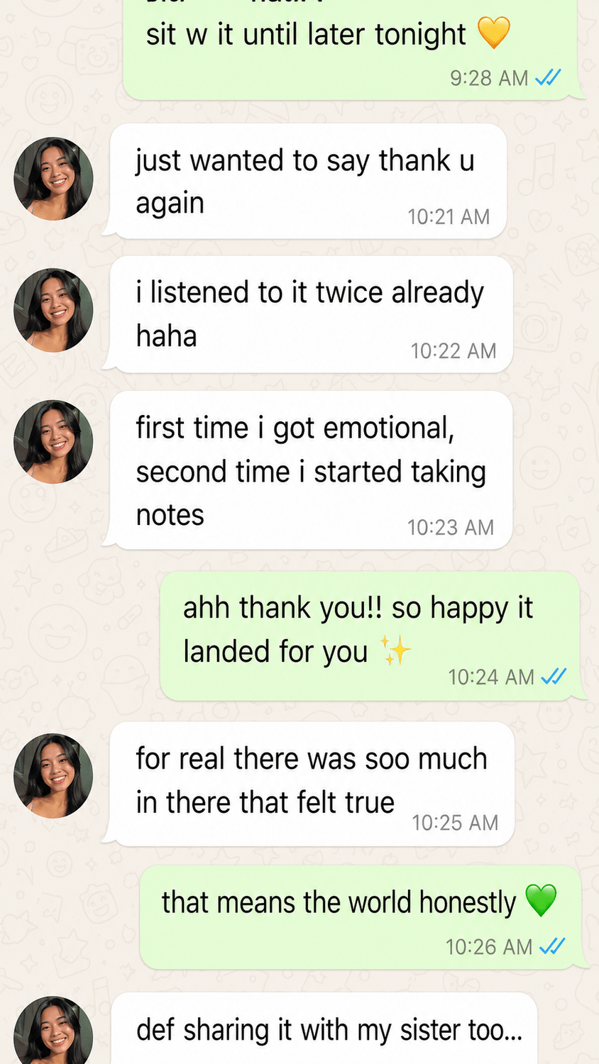 WhatsApp message from Emma Collins after her Holistic SoulCast
