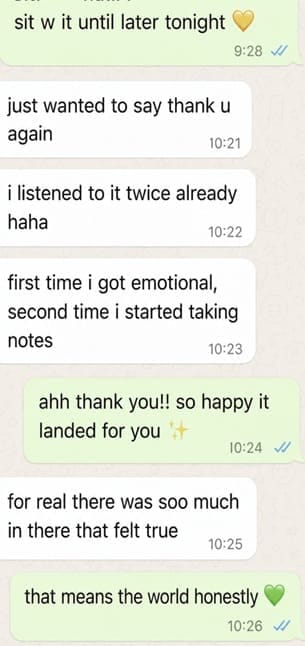 WhatsApp message from Emma Collins after her Holistic SoulCast
