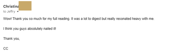 Reader message about their Holistic Reading
