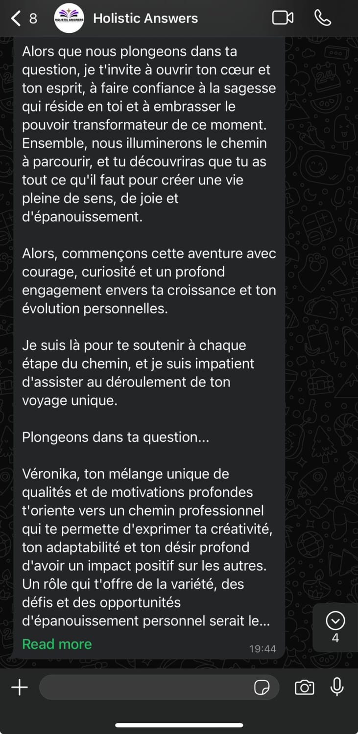 Conversation WhatsApp sur un parcours professionnel aligné, partie 2