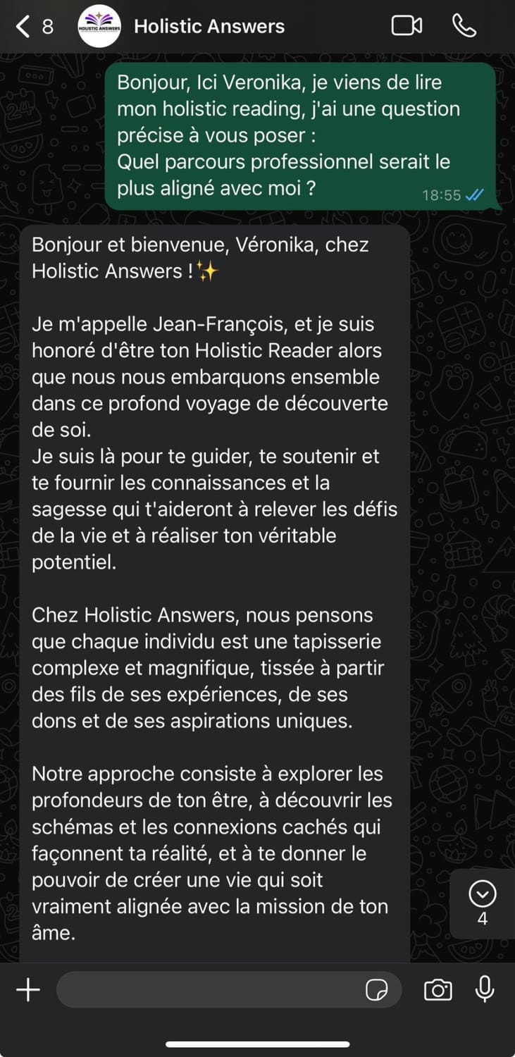 Conversation WhatsApp sur un parcours professionnel aligné, partie 1