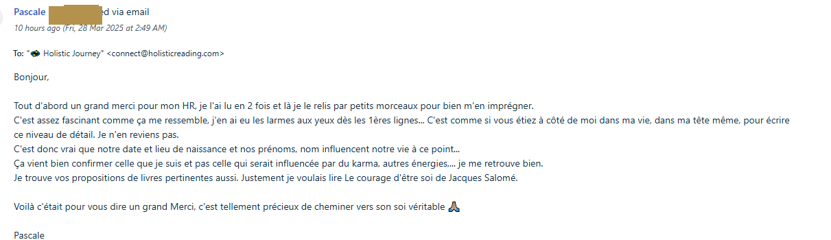 Message d’une personne à propos de sa Holistic Reading