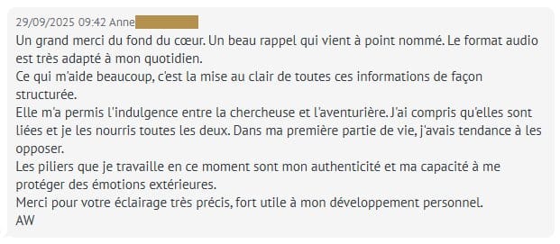 Message d'une cliente à propos de Holistic SoulCast