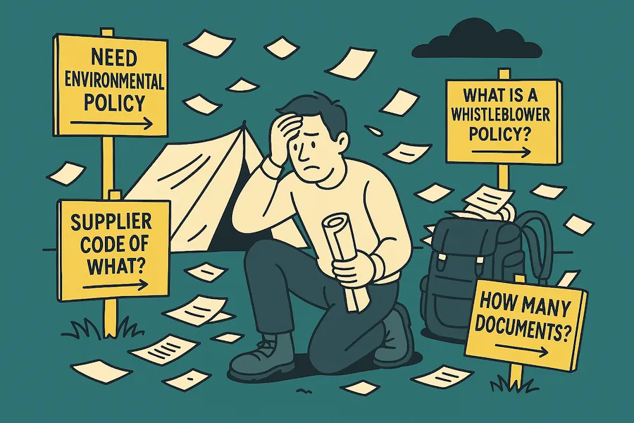 Overwhelmed climber surrounded by policy paperwork, tent and signs reading ‘Need Environmental Policy,’ ‘What is a Whistleblower Policy?’, ‘Supplier Code of What?’ and ‘How Many Documents?’
