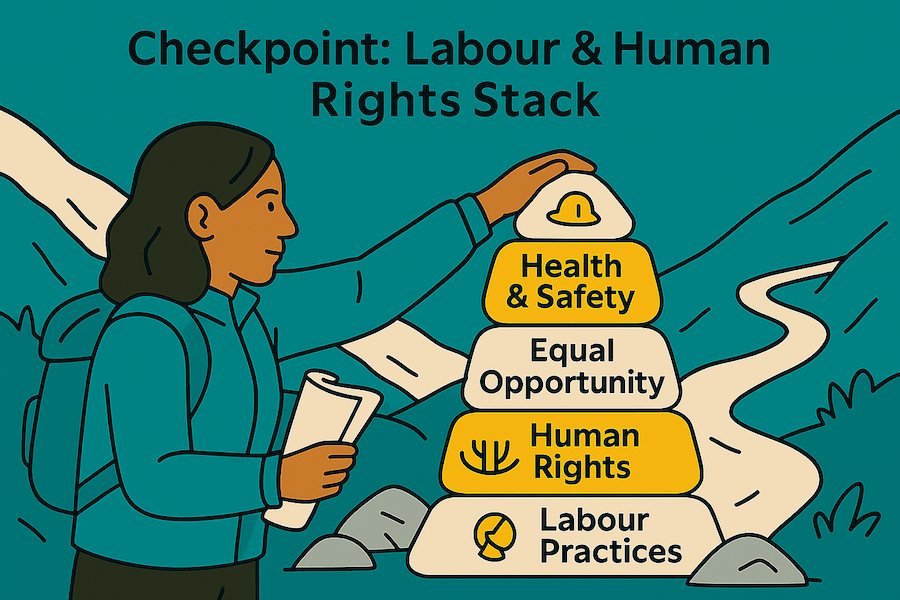 Latina climber builds a cairn of four policy stones-Health and Safety, Equal Opportunity, Human Rights, and Labour Practices at a Labour and Human Rights checkpoint on the EcoVadis mountain trail.
