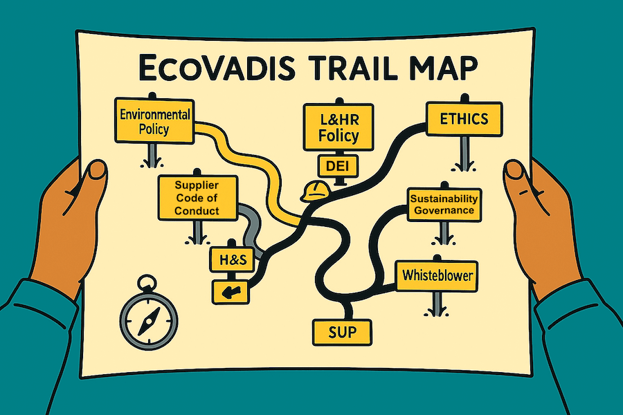 EcoVadis Trail Map held by a hiker shows four yellow signposts along colour-coded paths: Environmental Policy, L&HR Policy (H&S, DEI), Ethics (Code of Conduct, Anti-Corruption, Whistleblower, Data) and Sustainable Procurement (Supplier Code of Conduct).