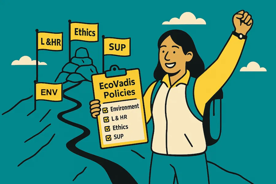 South-Asian climber celebrates at the summit, raising a completed EcoVadis policy checklist beside four flags labelled LHR, Ethics, SUP and Environment.