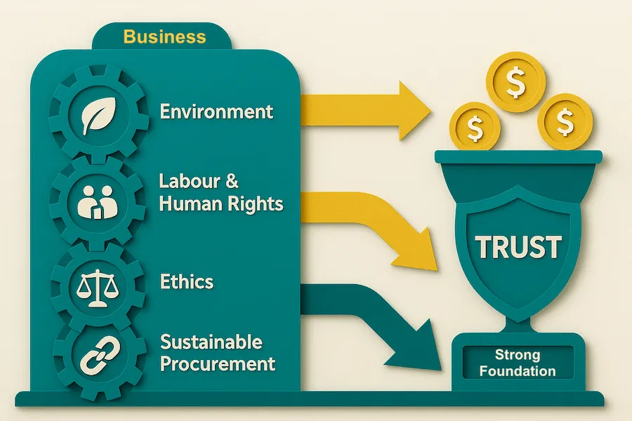 An illustration showing sustainability gears producing coins and a shield, representing business value from EcoVadis