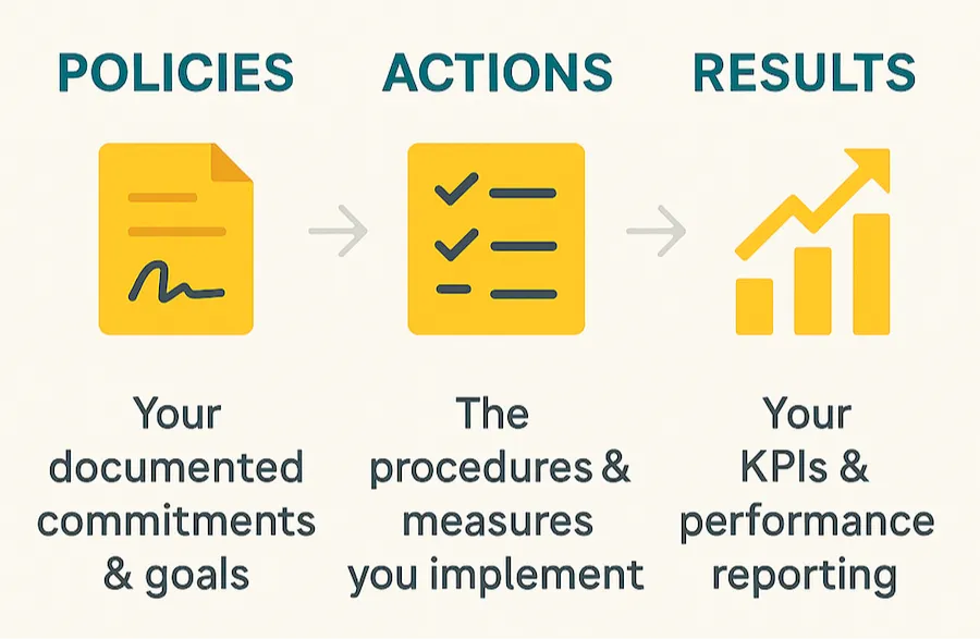 A diagram showing the flow from Policies, to Actions, to Results in the EcoVadis framework.