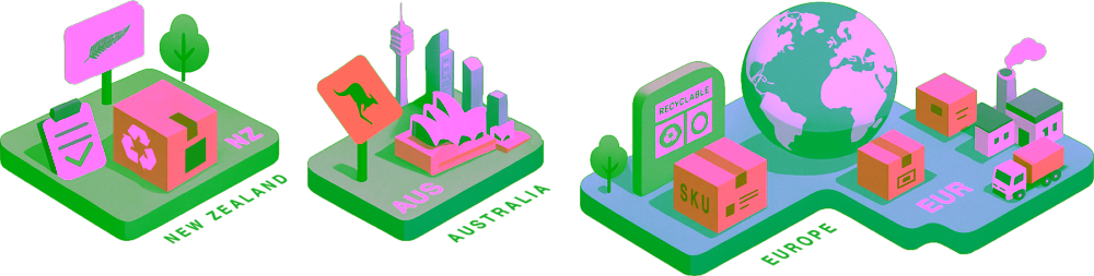 Isometric image showing Packaging Sector in New Zealand, Australia and Europe.