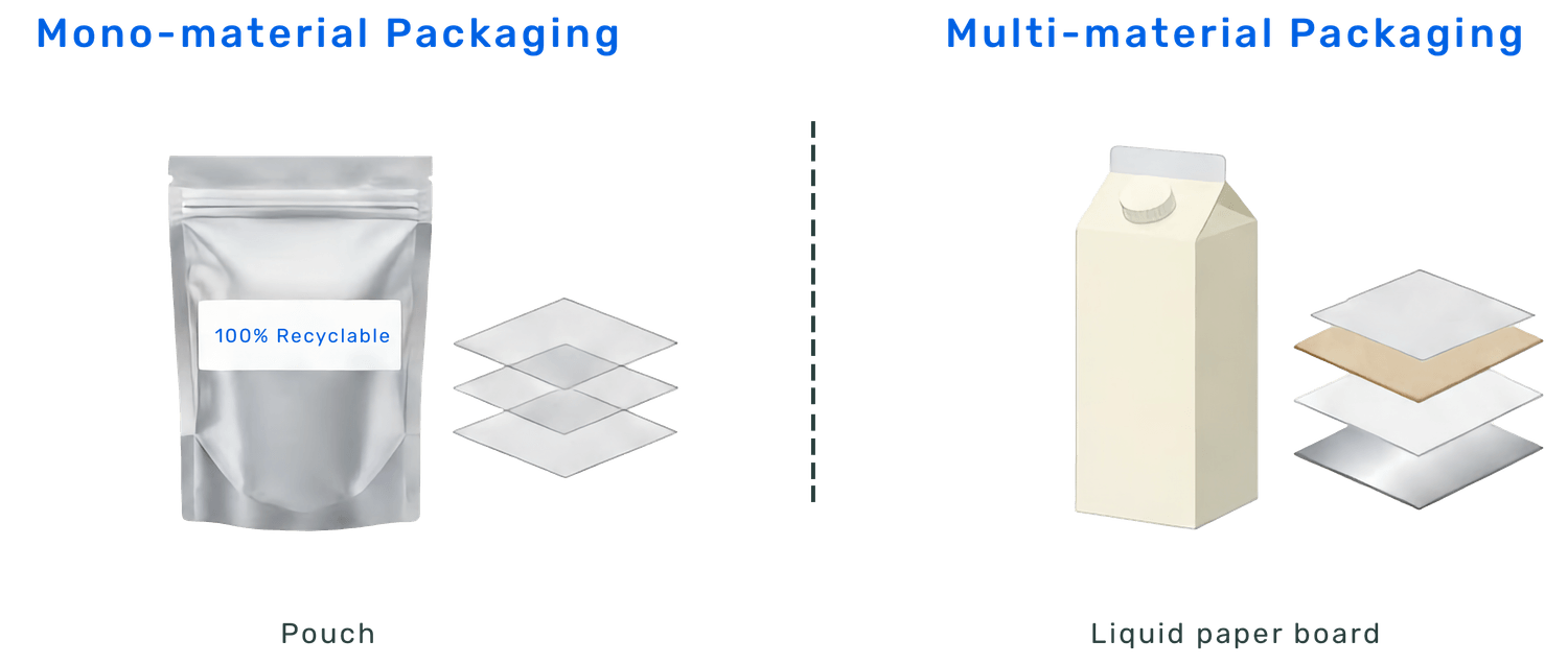 Comparison of two multi-layered food packaging, one being mono material and the other being multi-material.