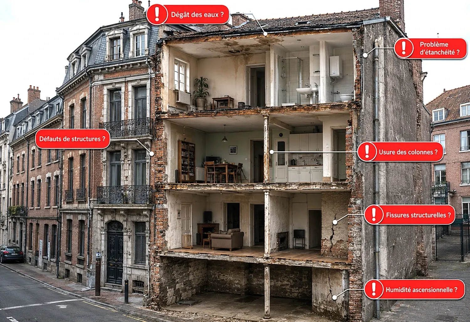 Immeuble en copropriété avec ses risques cachés annotés : dégât des eaux, problème d'étanchéité, usure des colonnes, fissures structurelles, humidité ascensionnelle, défauts de structure