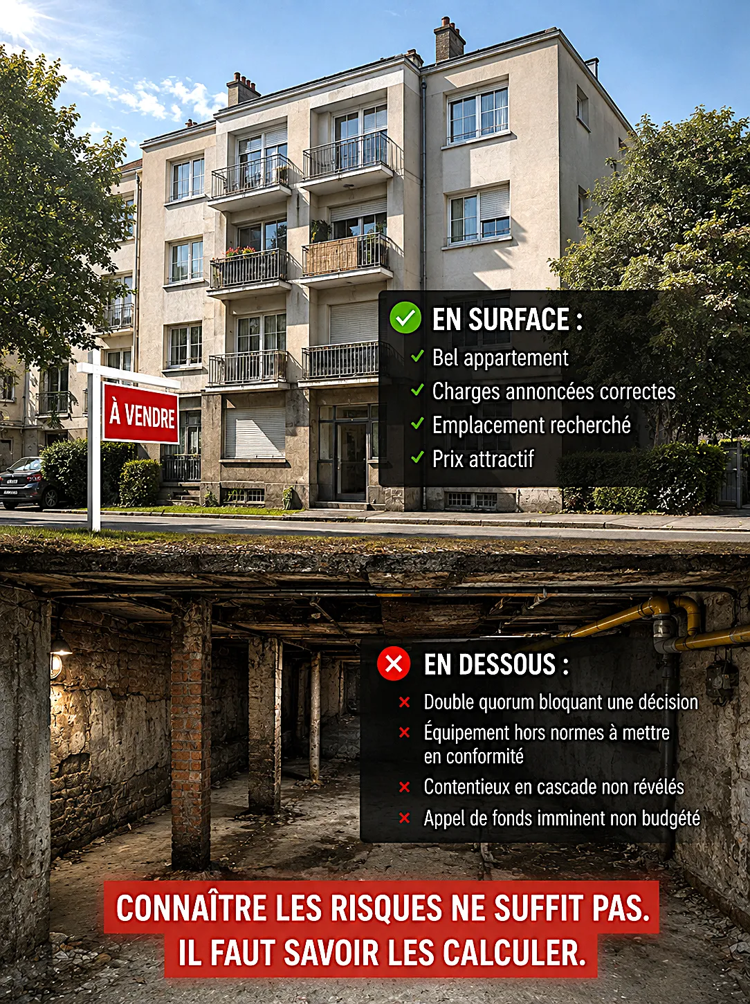 appartement dans un immeuble en copropriété à vendre en surface parfaite, mais avec en dessous des risques cachés : double quorum, équipement hors normes, contentieux en cascade, appel de fonds imminent