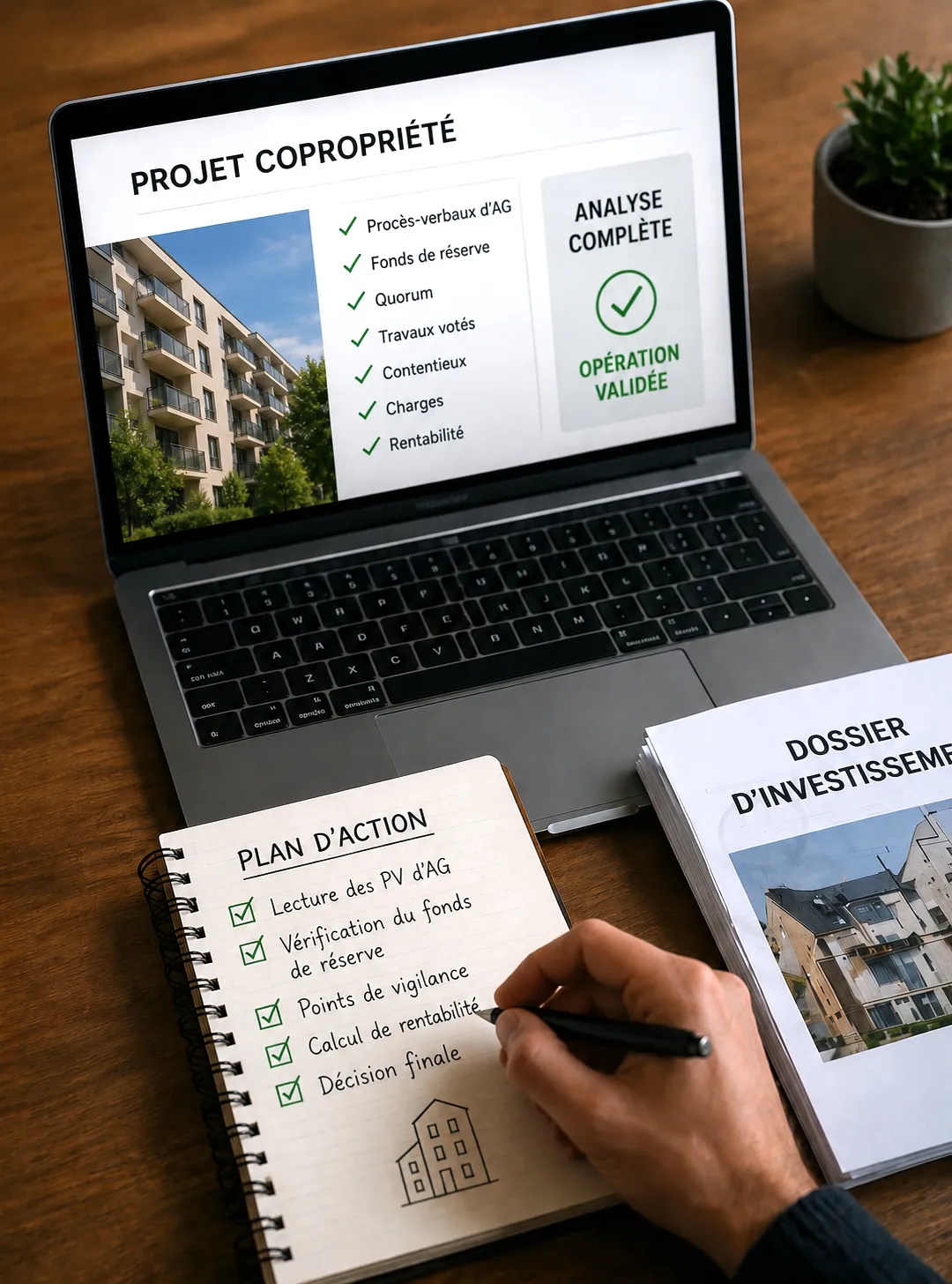 Ordinateur portable affichant une analyse de copropriété avec checklist (procès-verbaux d'AG, fonds de réserve, quorum, travaux votés, contentieux, charges, rentabilité) et opération validée, à côté d'un carnet de plan d'action et d'un dossier d'investissement