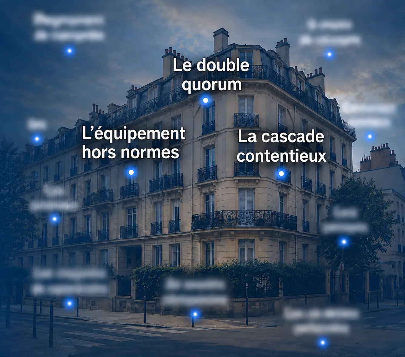 Immeuble en copropriété avec ses trois risques invisibles : double quorum, ascenseur hors normes, cascade de contentieux