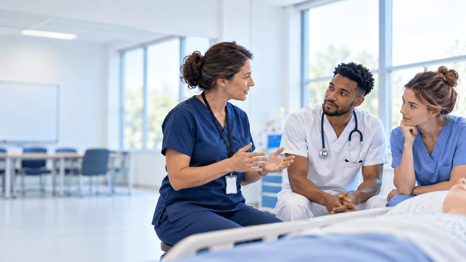 Formateur guidant deux professionnels lors d’un débriefing en simulation en santé