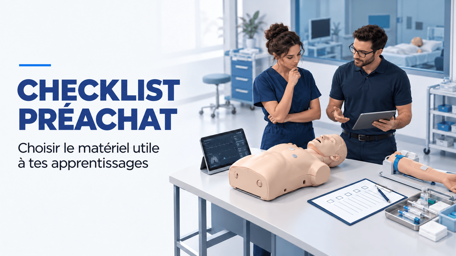 Deux professionnels de la simulation comparent du matériel autour d’une checklist préachat, avec un mannequin et des outils de simulation.