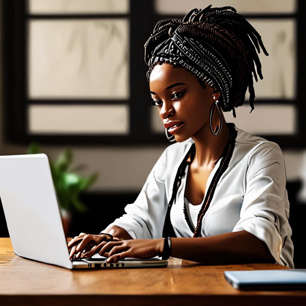 Black woman dreadlocks headwrap laptop