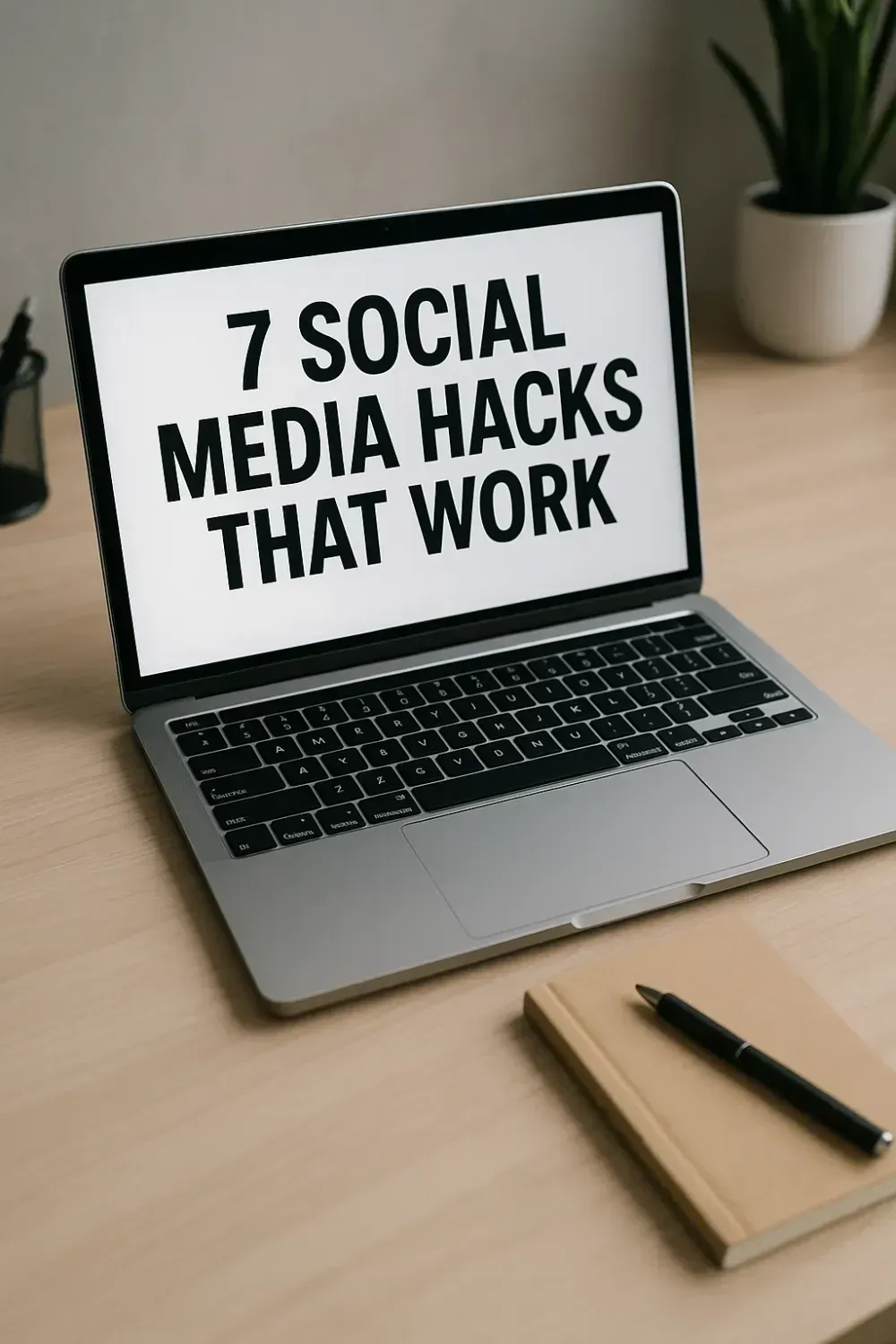 A laptop on a modern desk, a small notebook beside it, bold headline: “7 Social Media Hacks That Work”