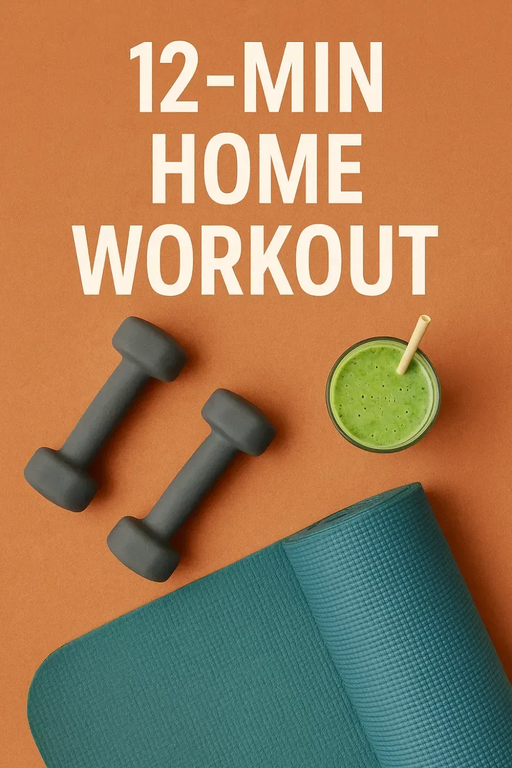 Flatlay of dumbbells, yoga mat, and smoothie, headline: “12-Min Home Workout”