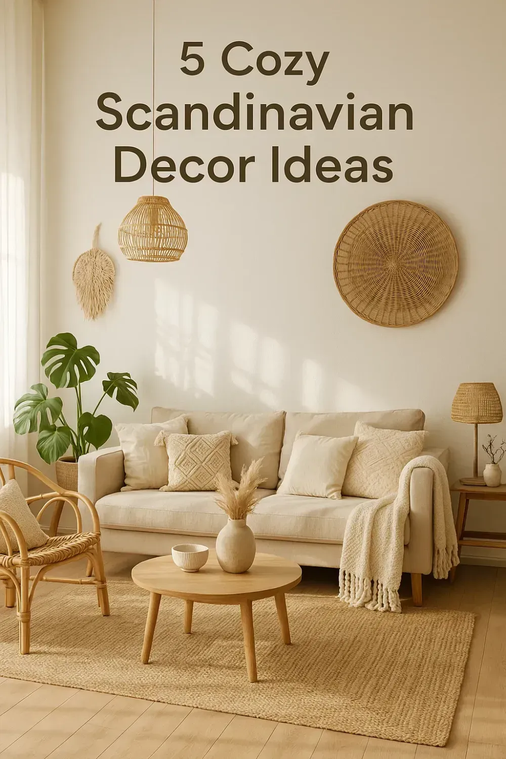 Boho-style living room, soft morning light, headline: “5 Cozy Scandinavian Decor Ideas”