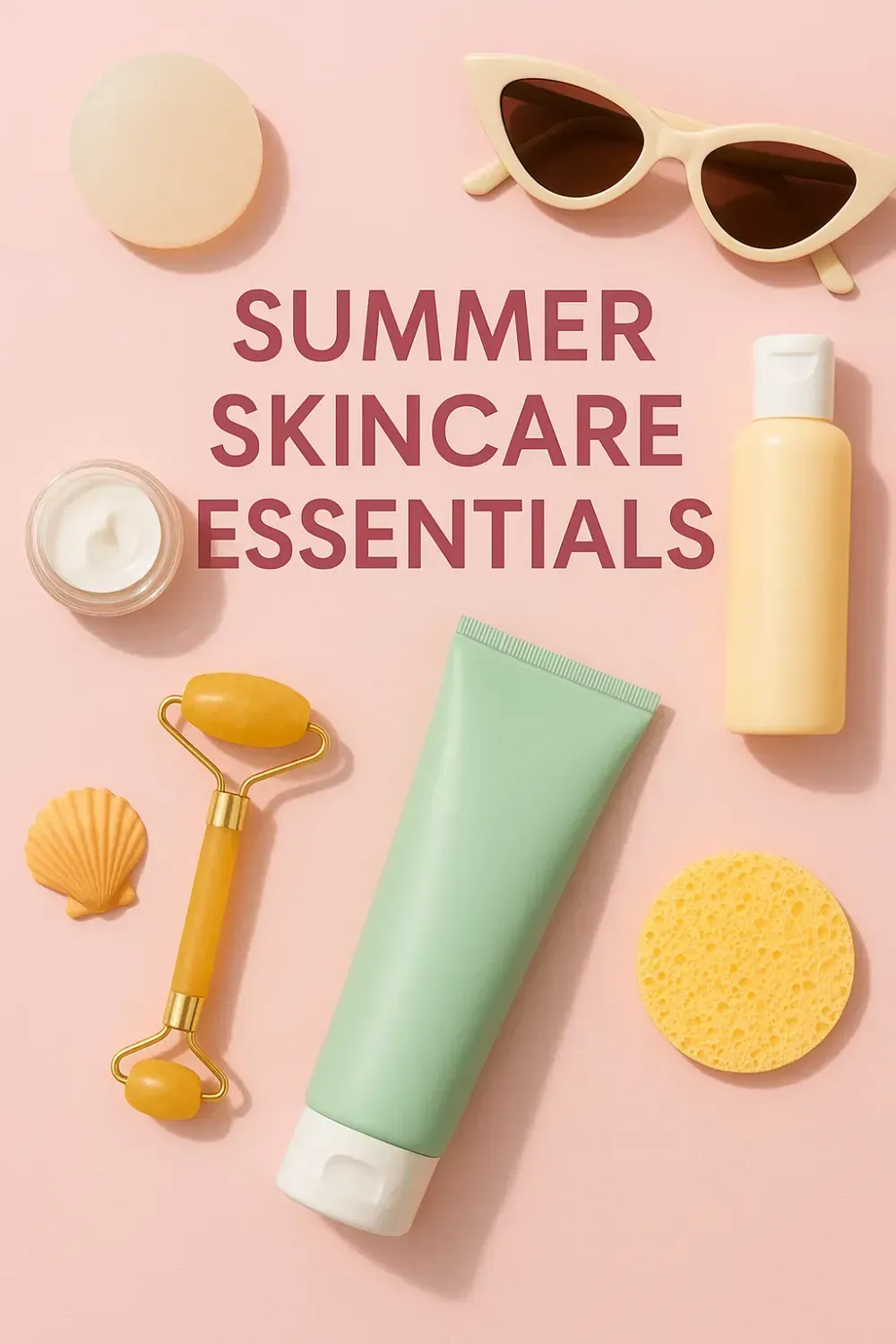 Flatlay of beauty products on pastel pink background, headline: “Summer Skincare Essentials”