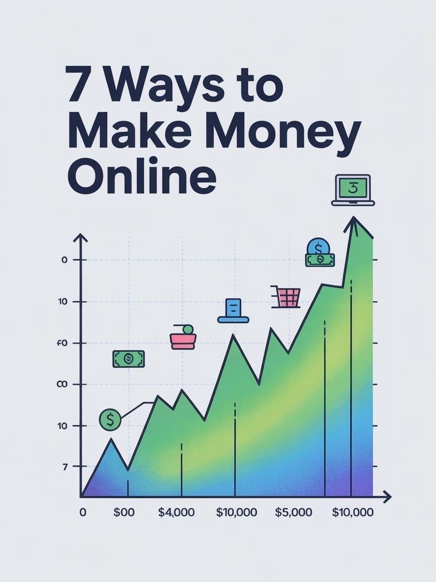 Graph showing passive income growth, headline: “7 Ways to Make Money Online”