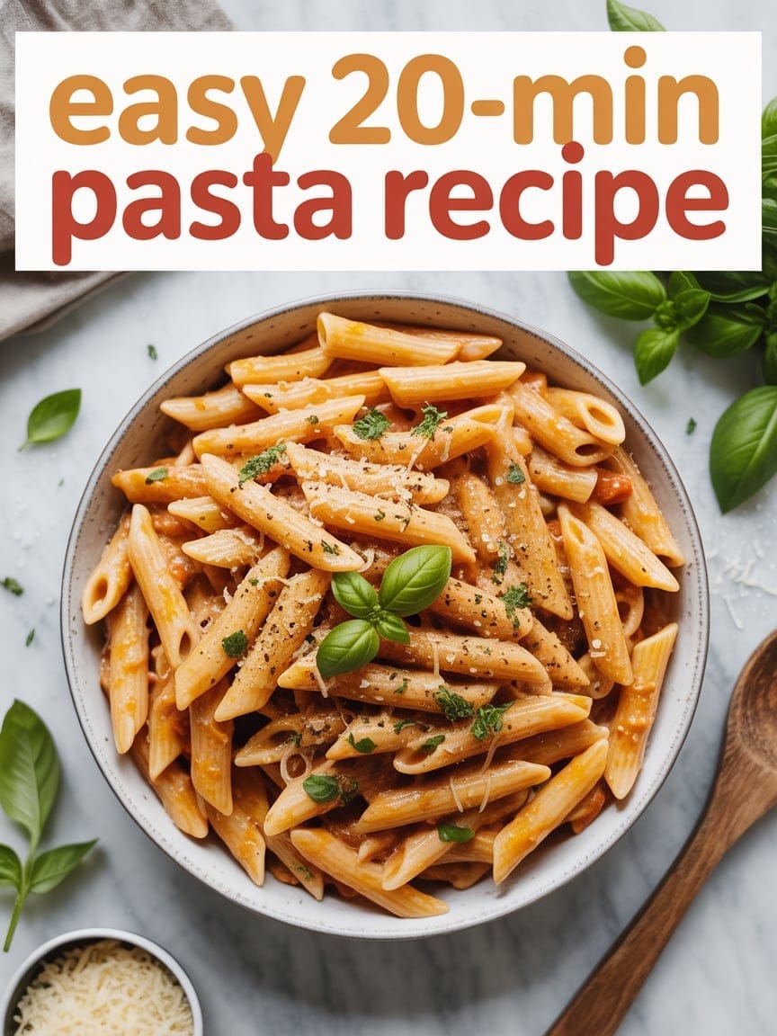 Creamy pasta in overhead shot, headline: “Easy 20-Min Pasta Recipe”