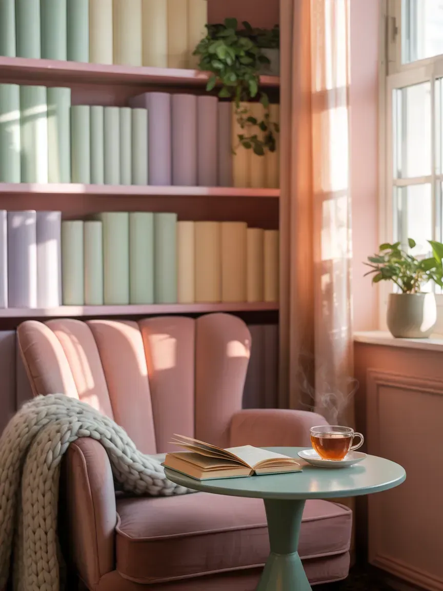 Cozy reading nook with pastel tones, soft natural light, no text overlay