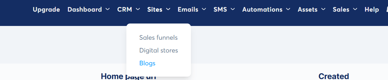 Point the mouse at the site tab, and click on the "Blog" from the drop-down"screenshot