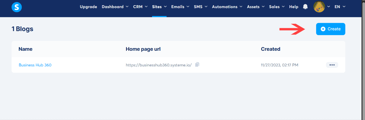 A blank page will appear with a button "Create", click on it