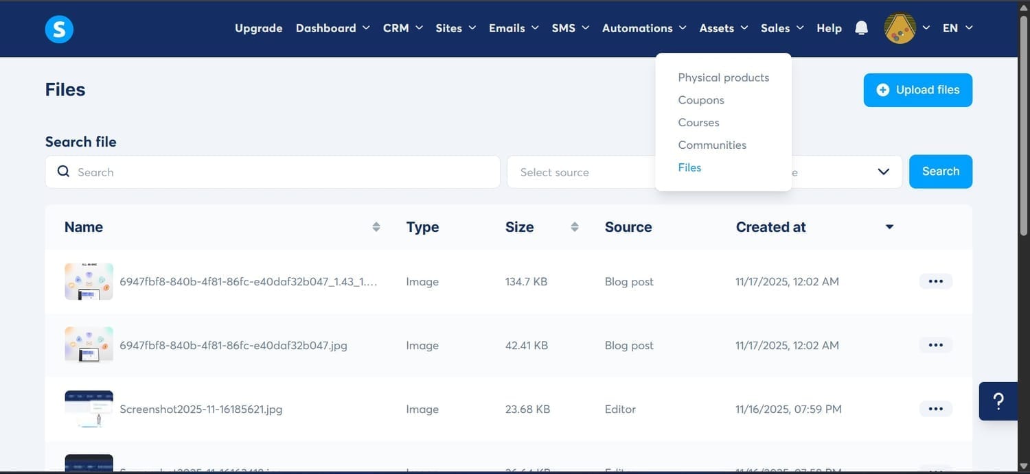 Dashboard → Assets → Files → Upload