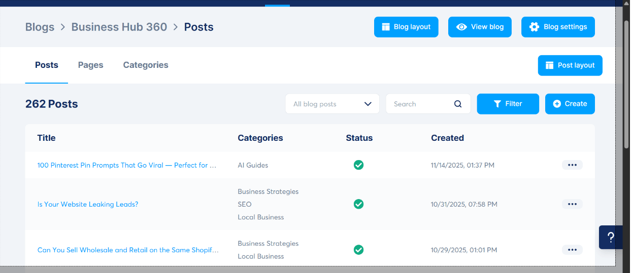 Systeme.io “Blog” section with posts listed, or the “Create a new post” interface.