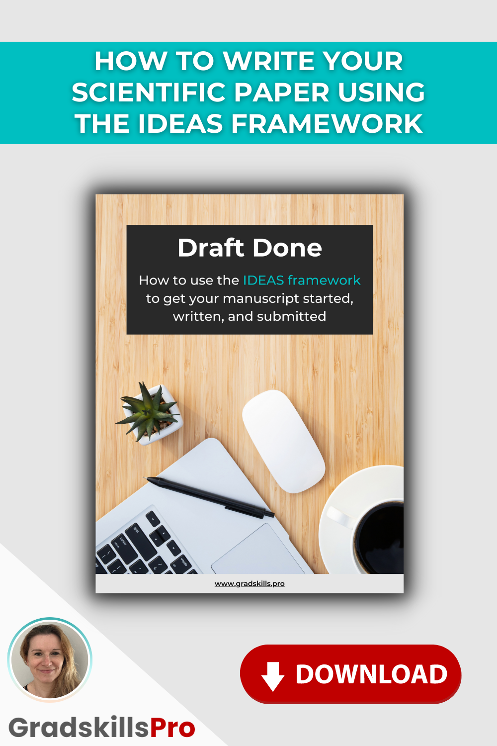 “Draft Done” checklist booklet that teaches you how to get your manuscript started, written, and submitted. Text says “How to write your scientific paper using the IDEAS framework”