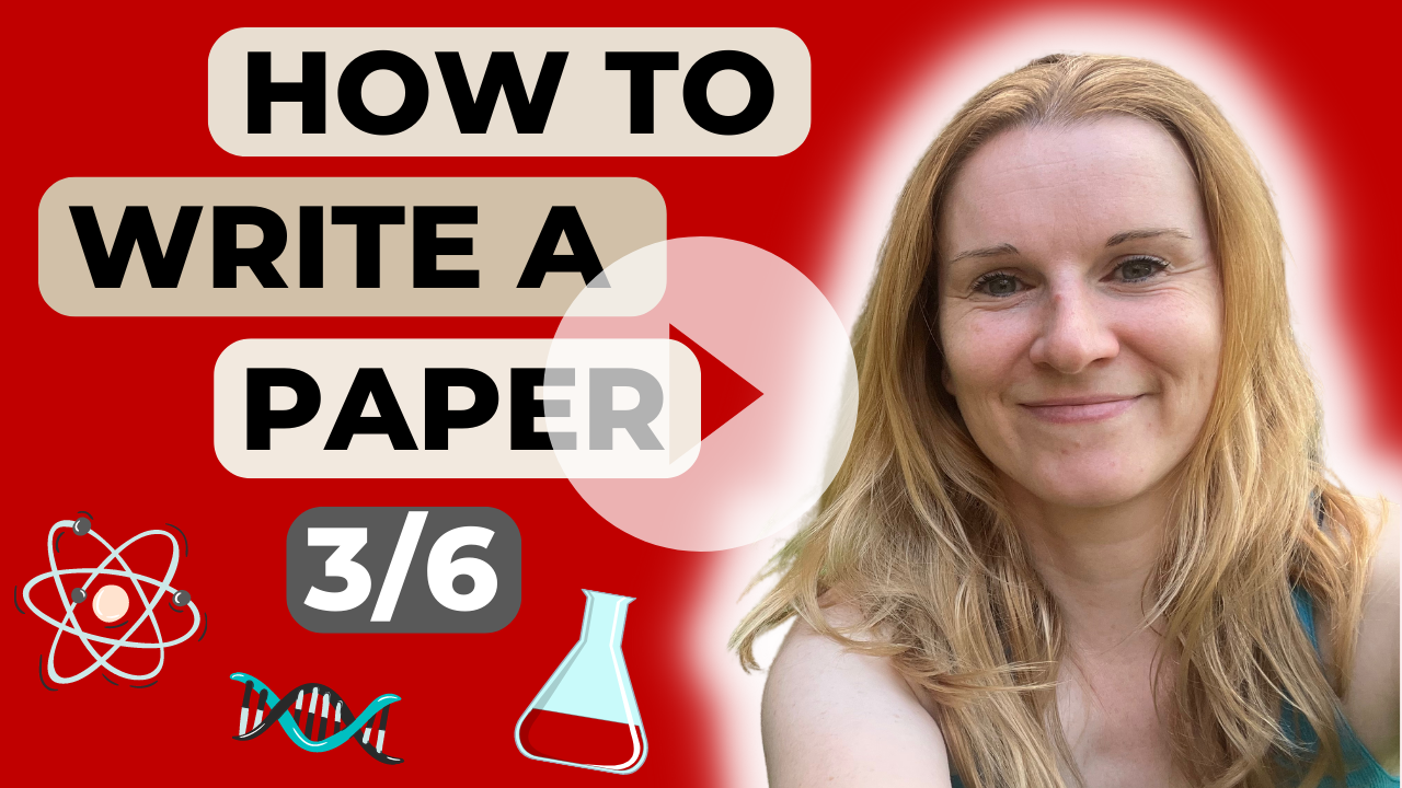 Red background with Julia Koehler Leman smiling. Text says “How to write a paper 3/6” and science symbols in the forefront