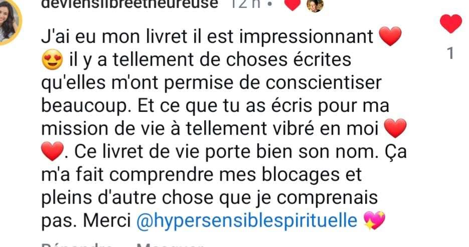 avis Retour positif d'un utilisateur après la lecture de son Livre de Vie