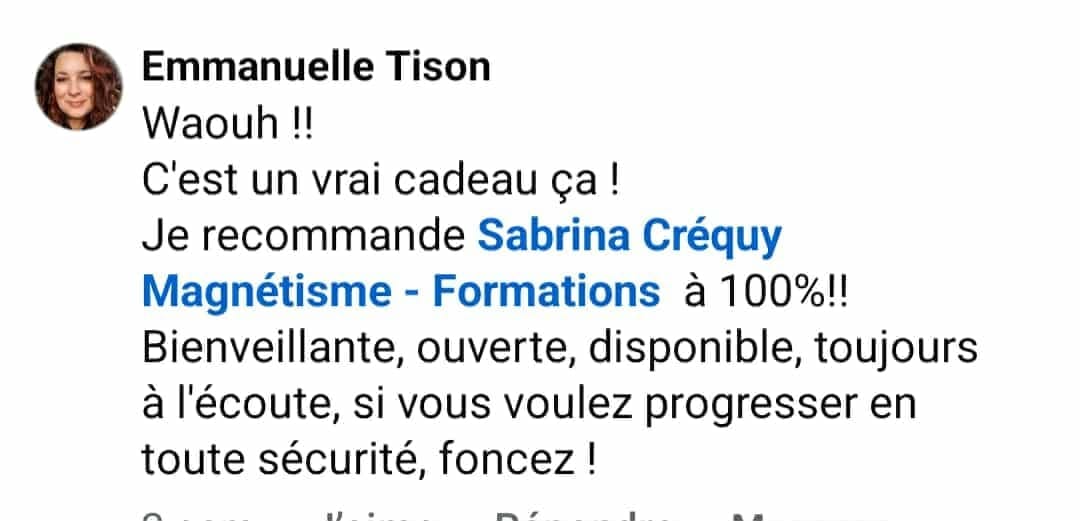 Avis de recommandation d'une élève sur les formations magnétisme pendule de Sabrina Créquy