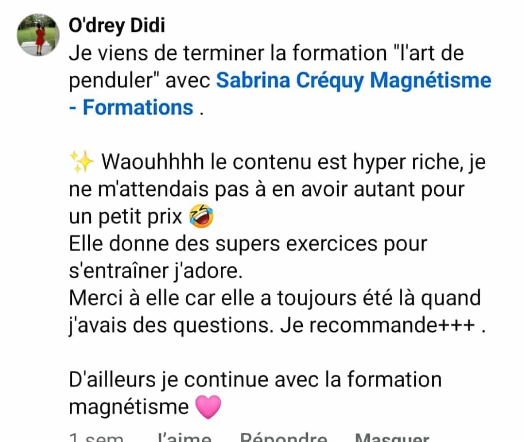Avis formation pendule Sabrina Créquy