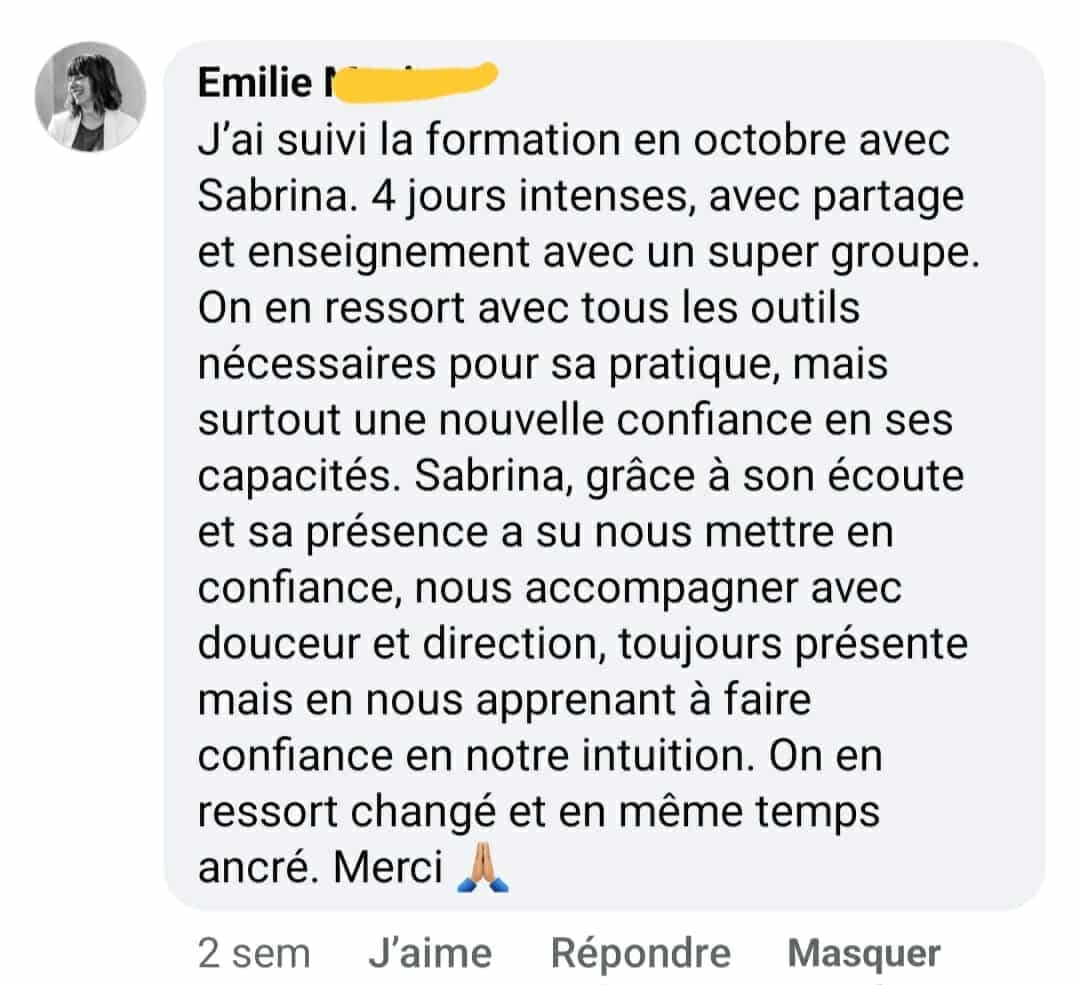 Témoignage de satisfaction sur l'éthique et le sérieux de l'enseignement de magnétisme de Sabrina Créquy